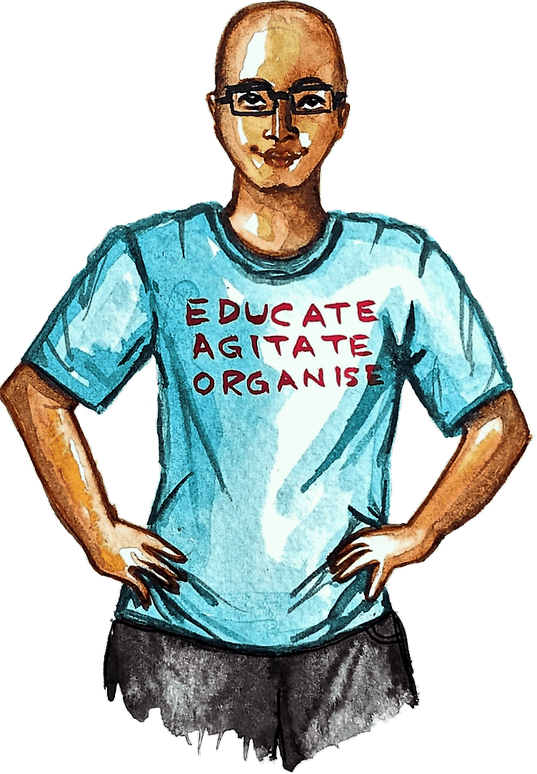 Watercolour painting of a bald dalit man with a blue T-shirt that reads EDUCATE, AGITATE, ORGANISE