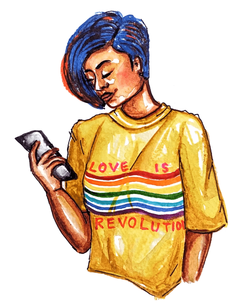 Watercolour painting of a Non-binary person in a T-shirt with rainbow stripes that reads LOVE IS REVOLUTION