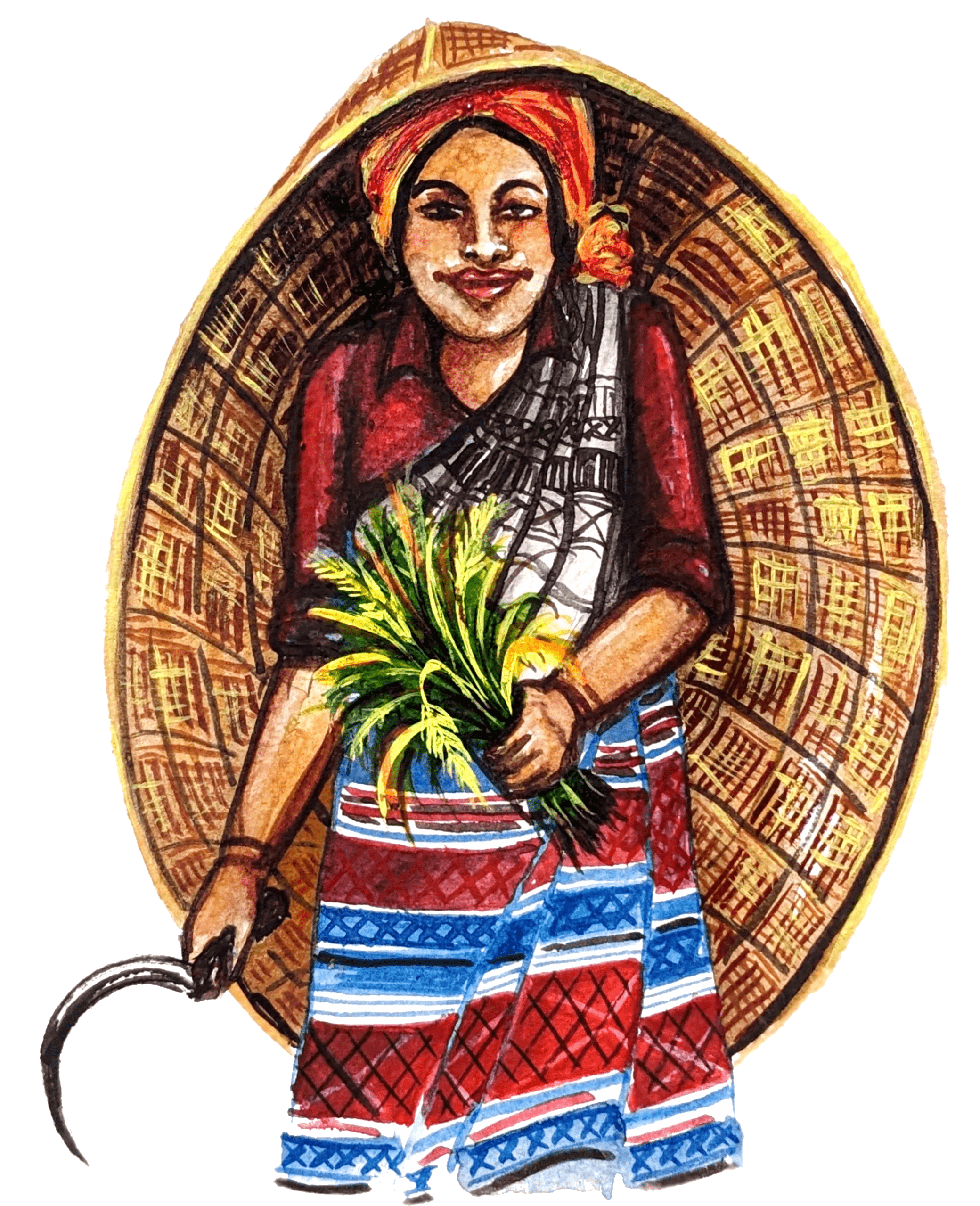 Water color painting of a Khasi woman farmer with a sickle wearing traditional tap-moh khlieh