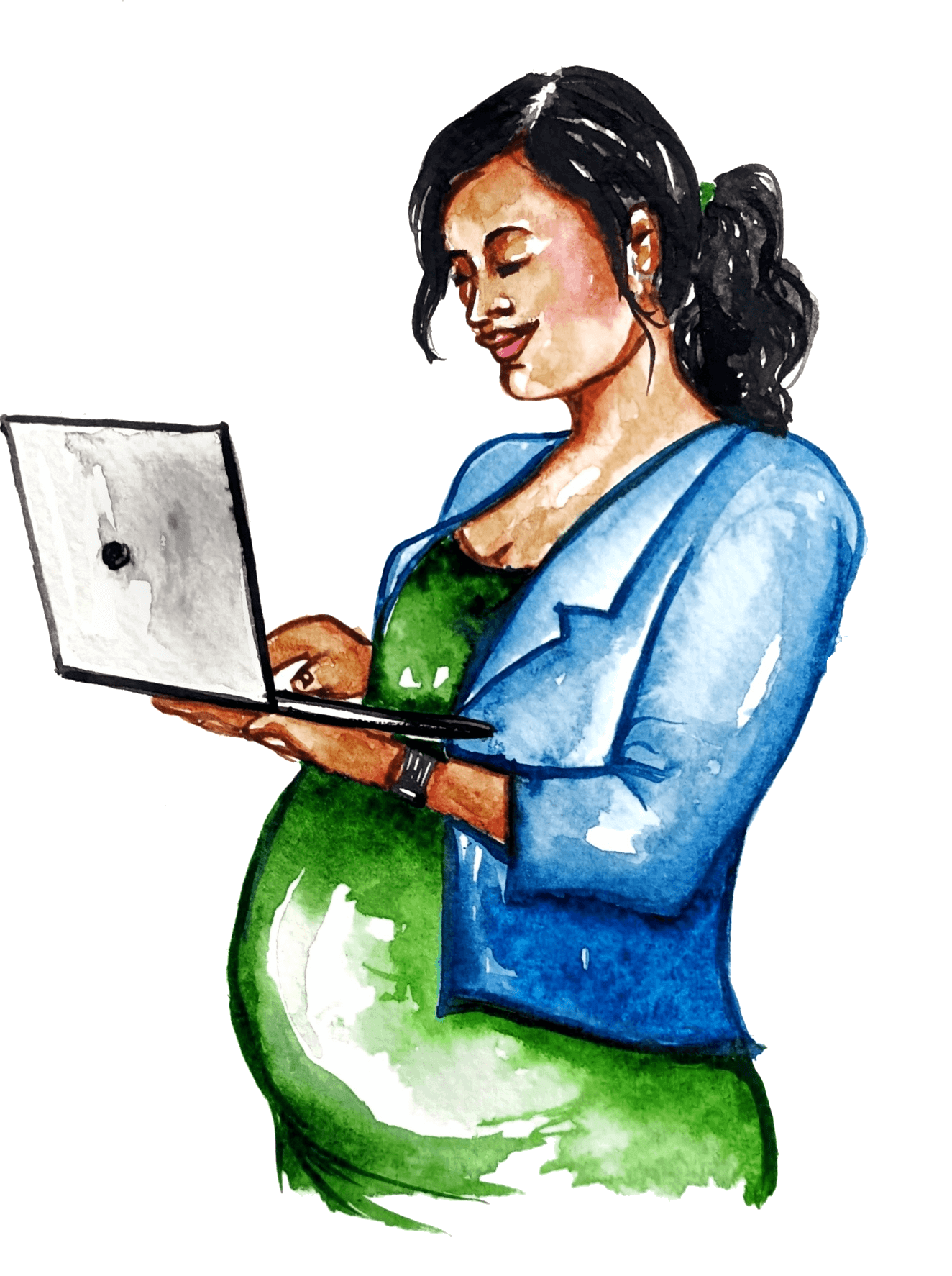 Watercolour painting of a pregnant lady with a laptop and in business attire