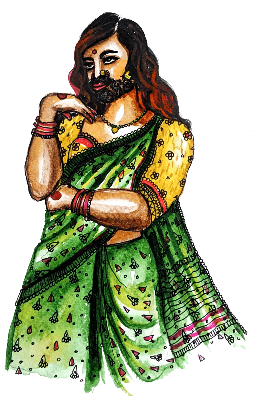 Watercolour painting of a Trans-woman in a green saree