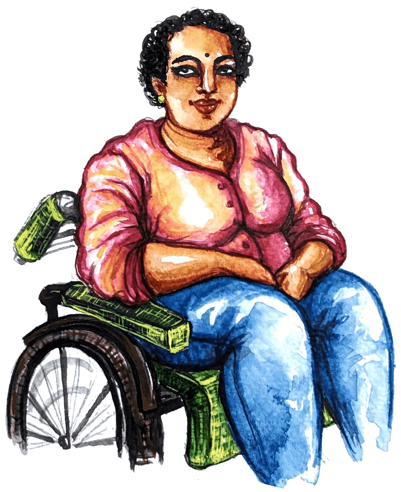 Watercolour painting of a Disabled woman, in short hair, magenta shirt and blue jeans